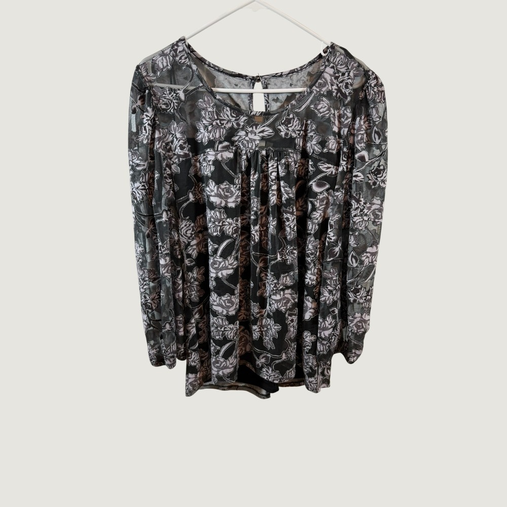 NY Collection Floral Mesh Blouse Gray Black Metallic Rose Long Sleeve Top L